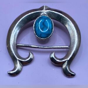 Southwestern Turquoise Naja Crescent Belt Buckle Silver Tone Oval Cabochon Blue